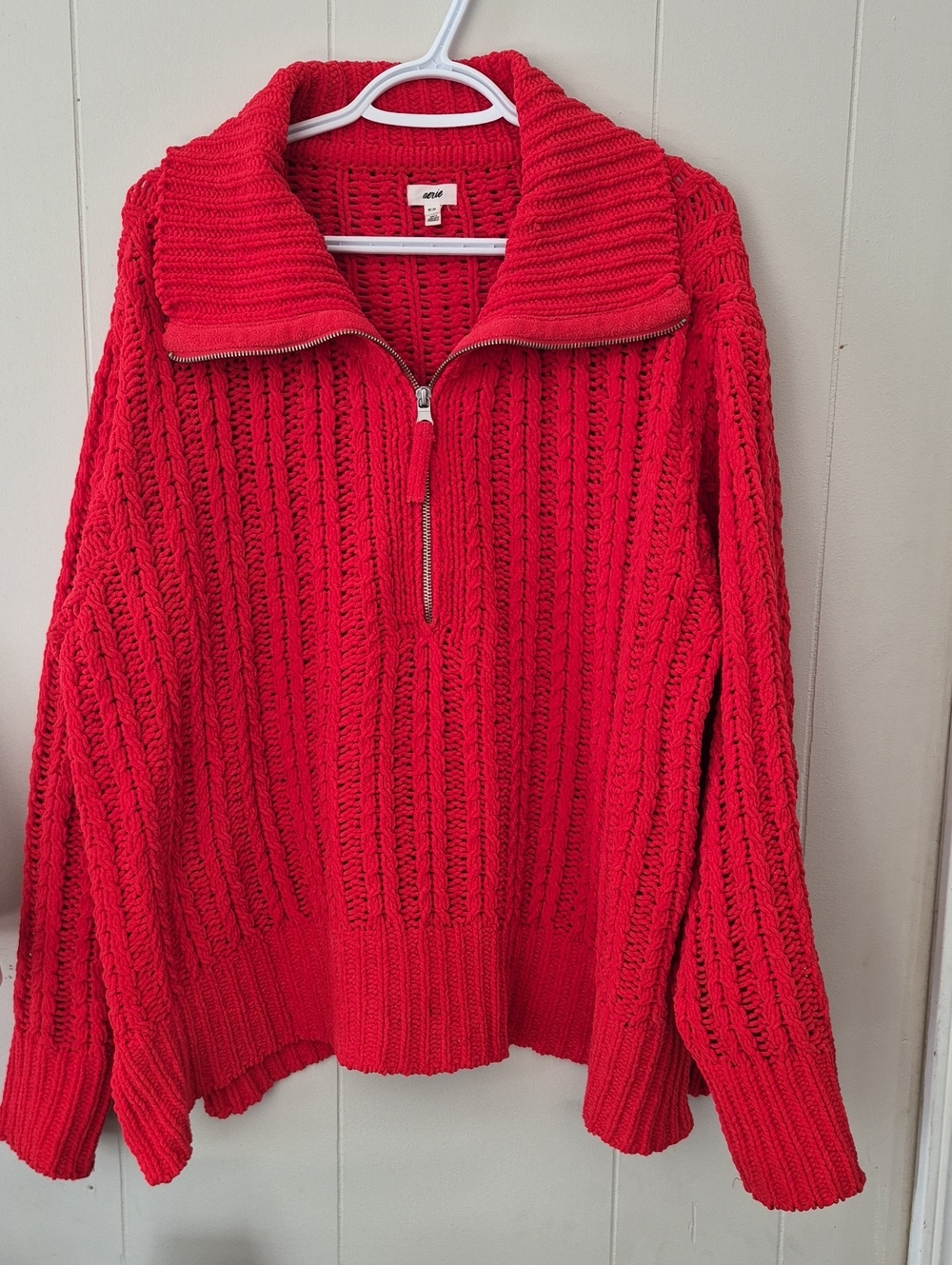 aerie Red Chunky Half-Zip Turtleneck Sweater